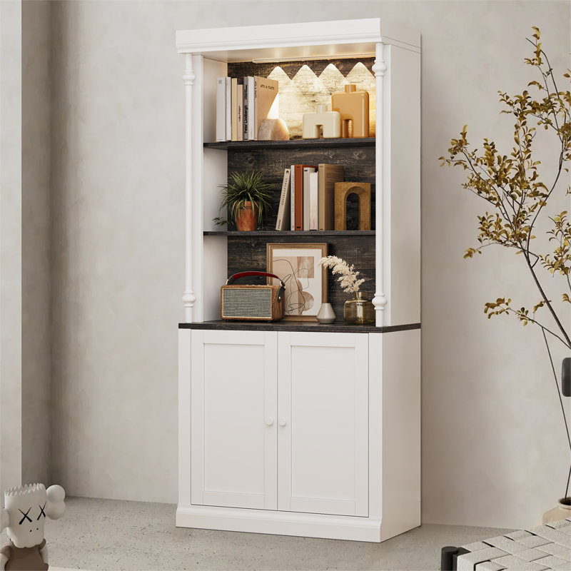 Kitchen Pantry Cabinet with Touch LED Lights, 3-Tier Storage Cabinet with Double Doors for Dining Room & Office, Sturdy Iron Frame, White