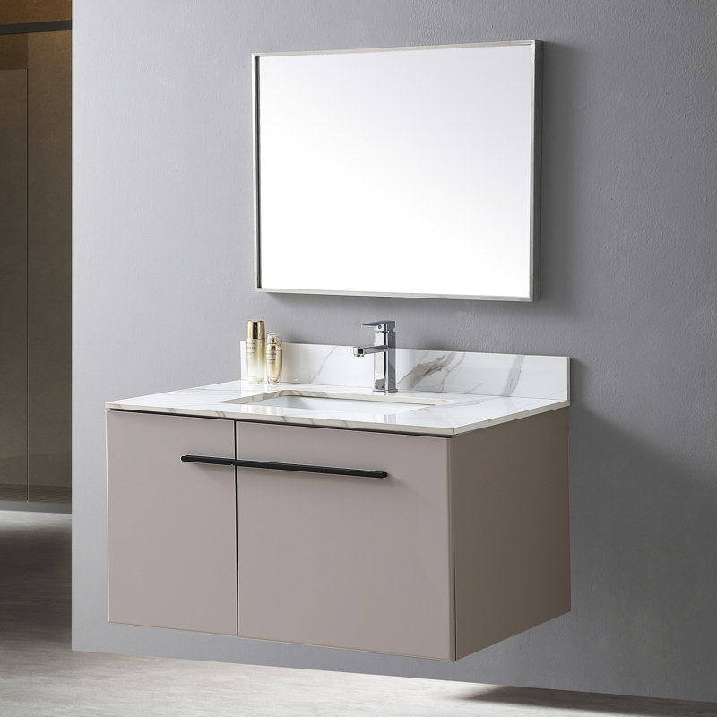 Plateau de meuble-lavabo de 37 po en pierre frittée dorée, avec lavabo rectangulaire en céramique et trou de robinet - flair en pierre facile à installer