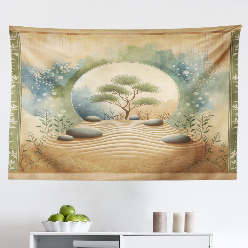 Highland Dunes Peacefulness Wall Hanging Tapestry Stones Sand and Tree Camel Reseda Green Blue, H 30 po x l 45 po
