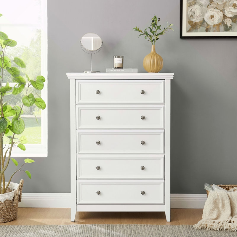 Commode moderne à 5 tiroirs, commode à tiroirs et rangement pour vêtements, armoire de rangement pour le salon, Blanc