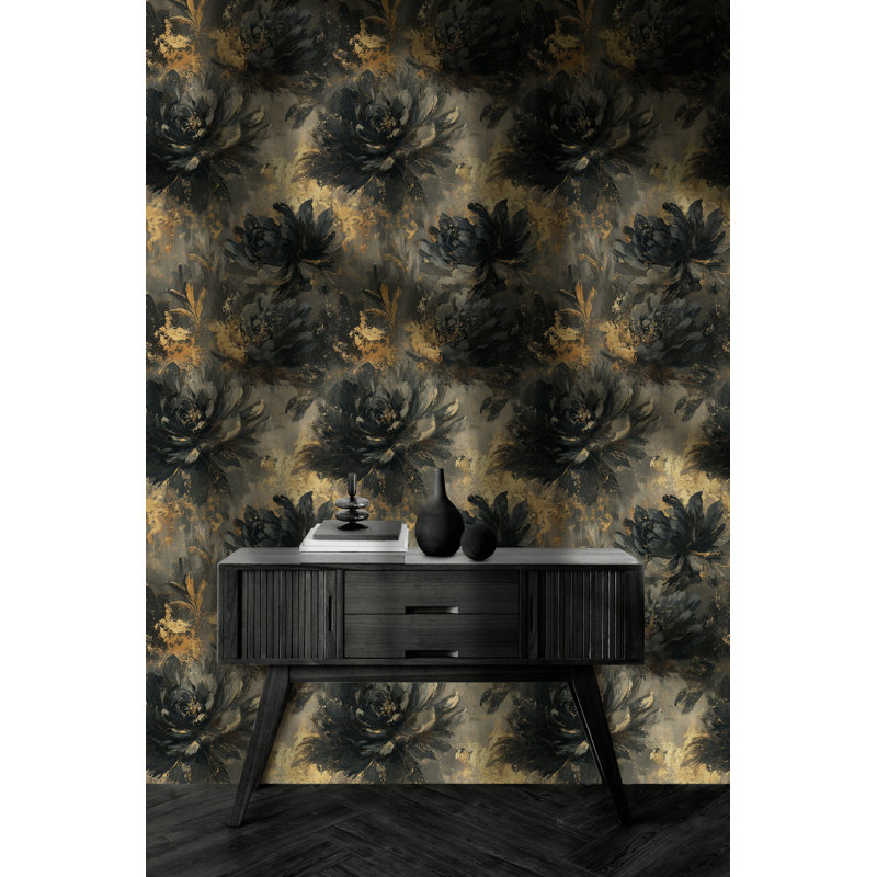 Papier peint floral doré noir