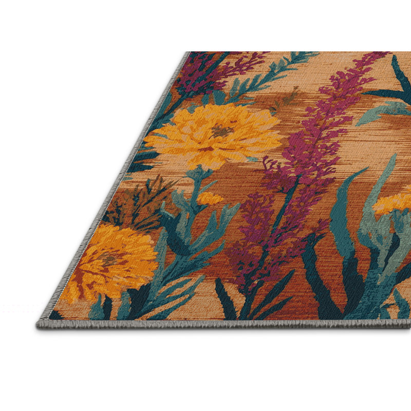 Machine Washable Botanical Brown Area Rug, Round 3'