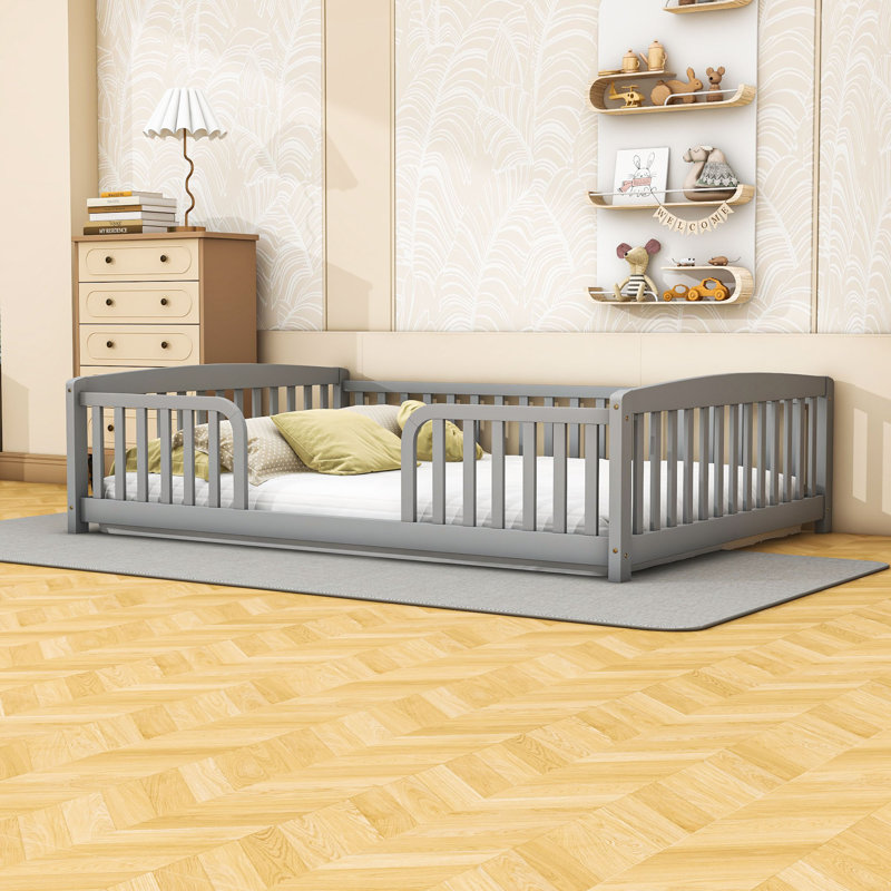 Lit multifonctionnel en bois avec clôture, Lit double, Grey