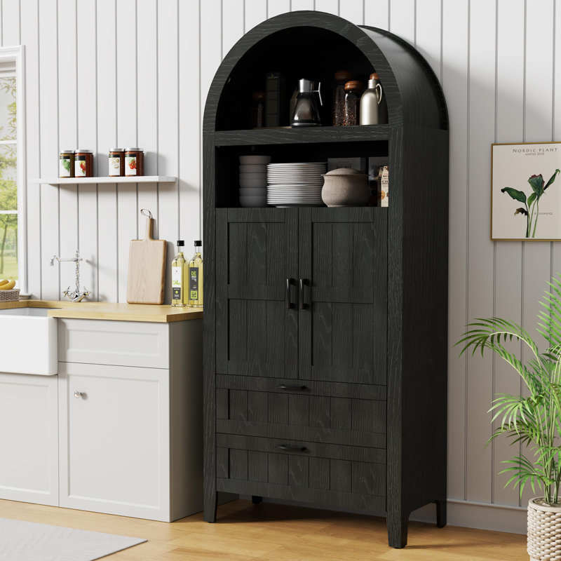 71" Tall Arched Kitchen Pantry Cabinet, Black