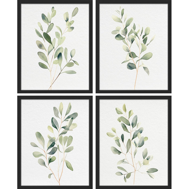 «Green Leaf Floral Botanical Plants», impression sur papier 4 pièces, H 16 po x l 12 po, Noir