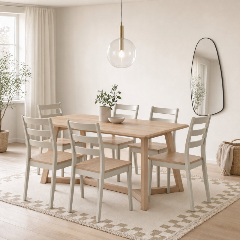 Beda Rubberwood Solid Wood Dining Set, 7, White/Grey