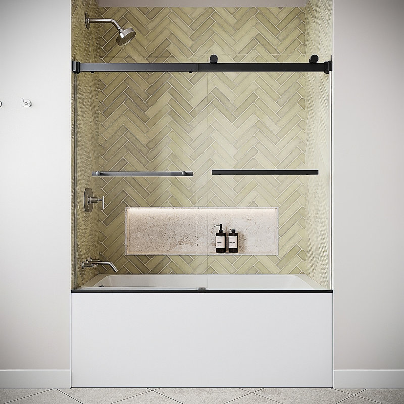 Mavone 60" x 58" Semi-Frameless Sliding Bathtub Door with CrystalTech Treated 5/16" Tempered Clear Glass Matte Black Hardware