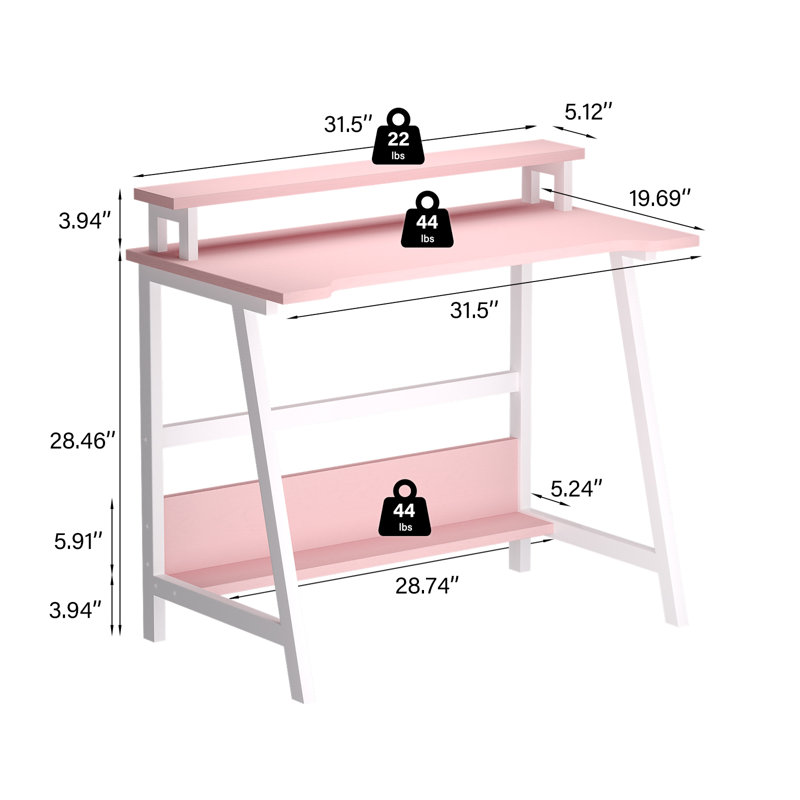 Computer Home Office Desk, 31.5" Desk for Small Spaces with Storage Shelf,Small Computer Desk with Monitor and Bookshelf, Modern Simple Style Laptop Desk,Pink
