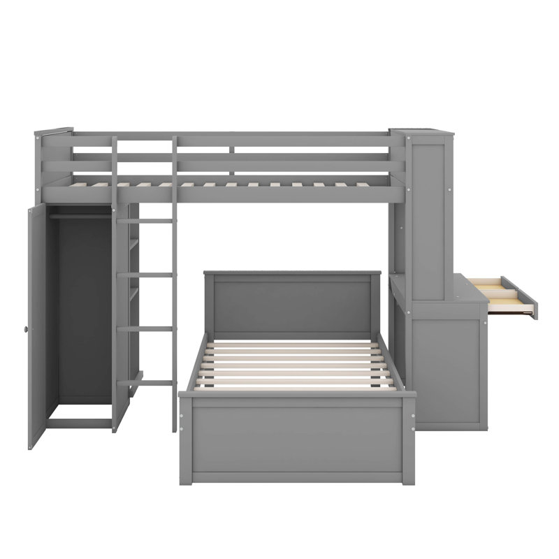 Lit mezzanine simple avec tablettes, bureau et garde-robe, Gris