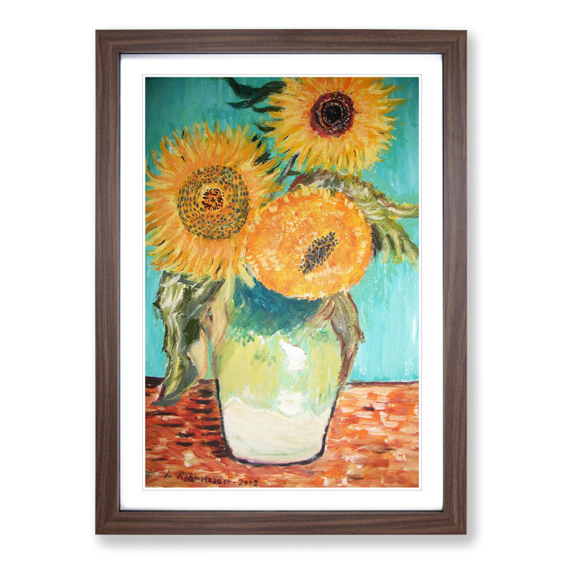 Sunflowers in a Vase by Vincent Van Gogh - Picture Frame Painting on MDF, Walnut Framed, 65cm H x 48cm W x 2cm D