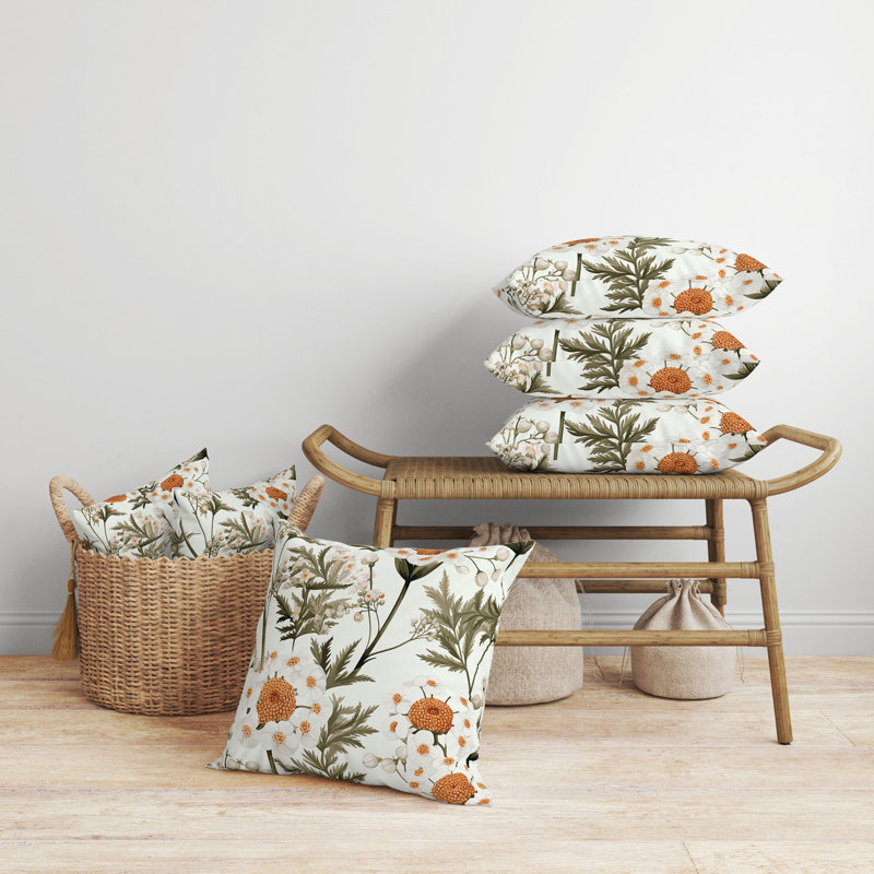 Coussin Millefolium, H 18 po x l 18 po, Blanc / orange / olive