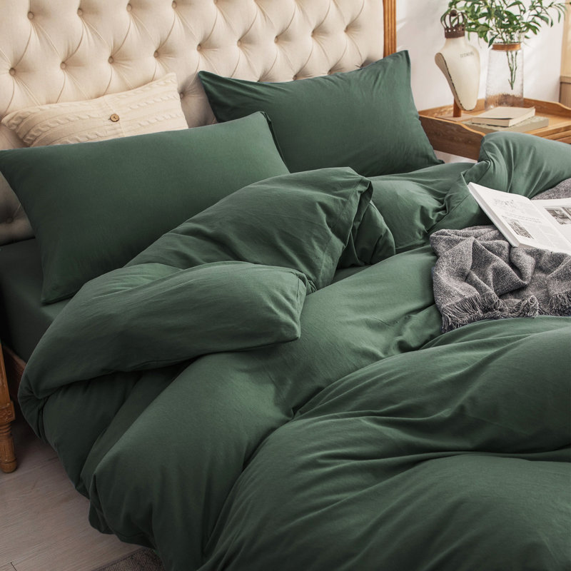 HOME BEDDING Jersey Cotton Duvet Cover Set, Green, Twin Duvet Cover + 1 Standard Sham