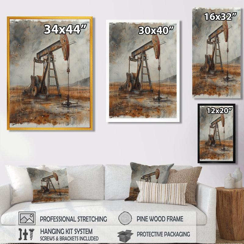 Gris gris orange, champs de pétrole pompage de gaz I - décoration murale, Toile avec cadre flottant brun