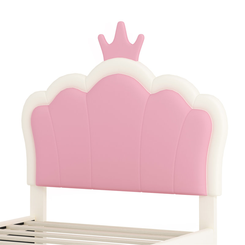 Lit simple tapissier princesse avec tête de lit couronne, lit plateforme simple avec tête de lit et pied de lit, crème et rose