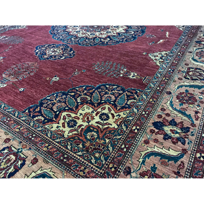 Tapis rouge et bleu noué à la main de haute qualité