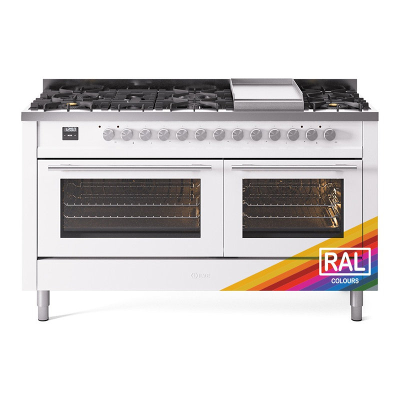 ILVE Professional Plus II 60 Dual Fuel Range, 8 Sealed Burners, Griddle, RAL Color, Natural Gas