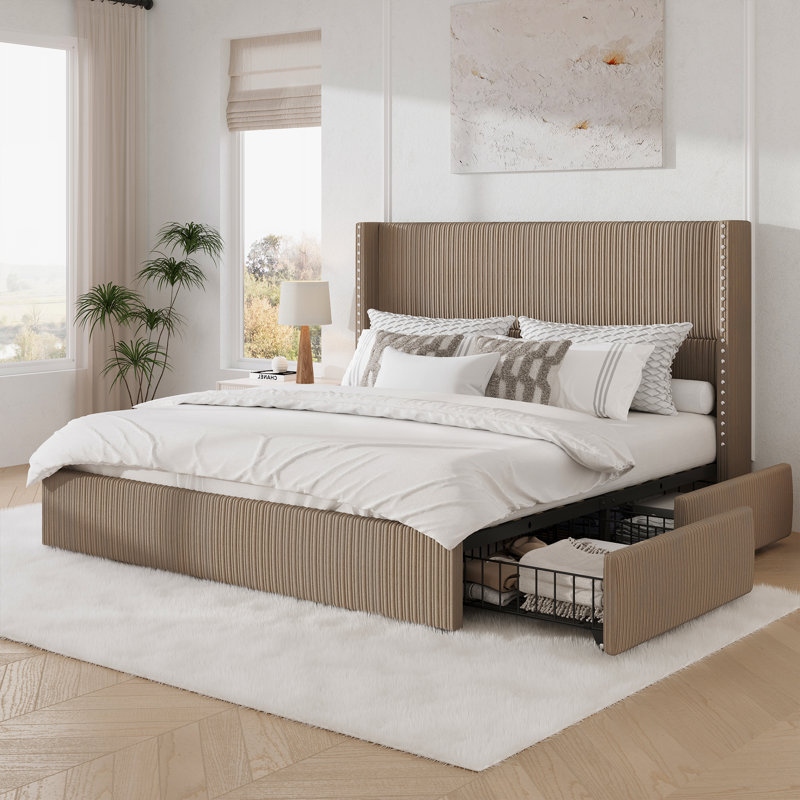 Brown Corduroy Upholstered Queen Bed Frame with Storage Drawers