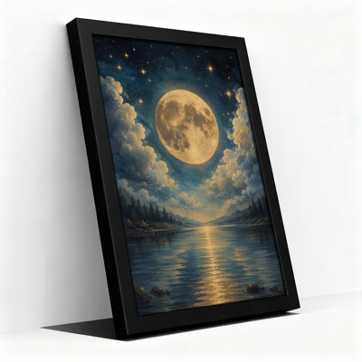 Toile dorée dorée pleine lune au-dessus du lac réfléchissant