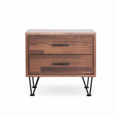 Table de chevet en noyer avec 2 tiroirs et pieds en métal