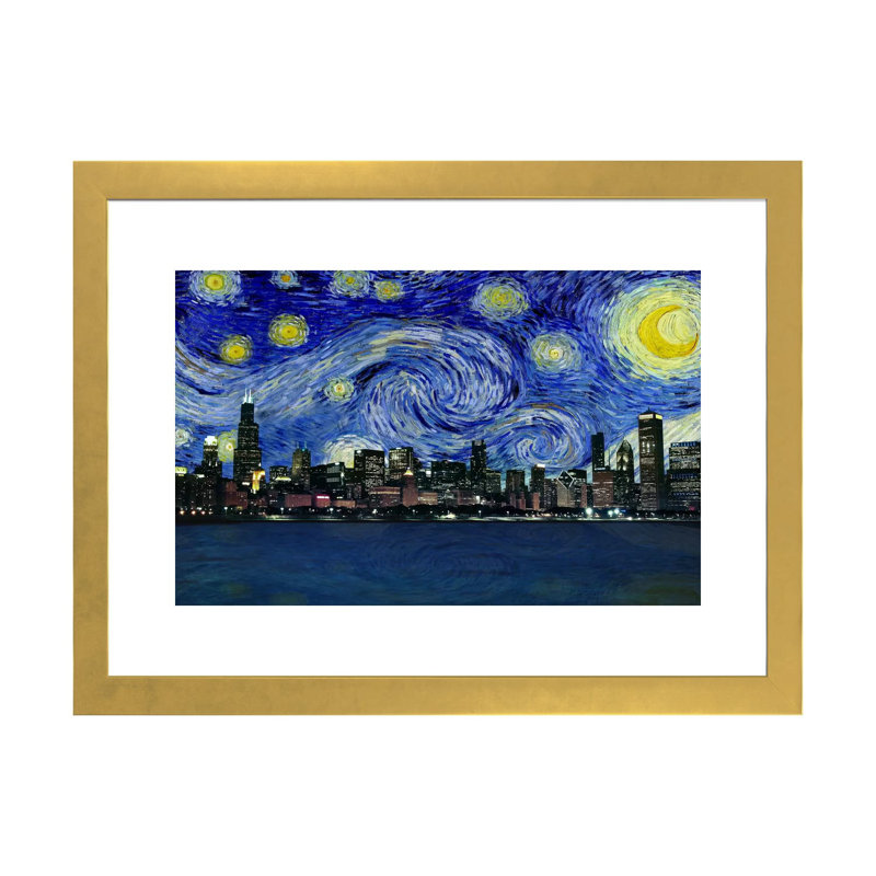 Chicago, Illinois, nuit étoilée, impression d'art graphique, Papier encadré doré, H 24 po x l 32 po x P 1 po