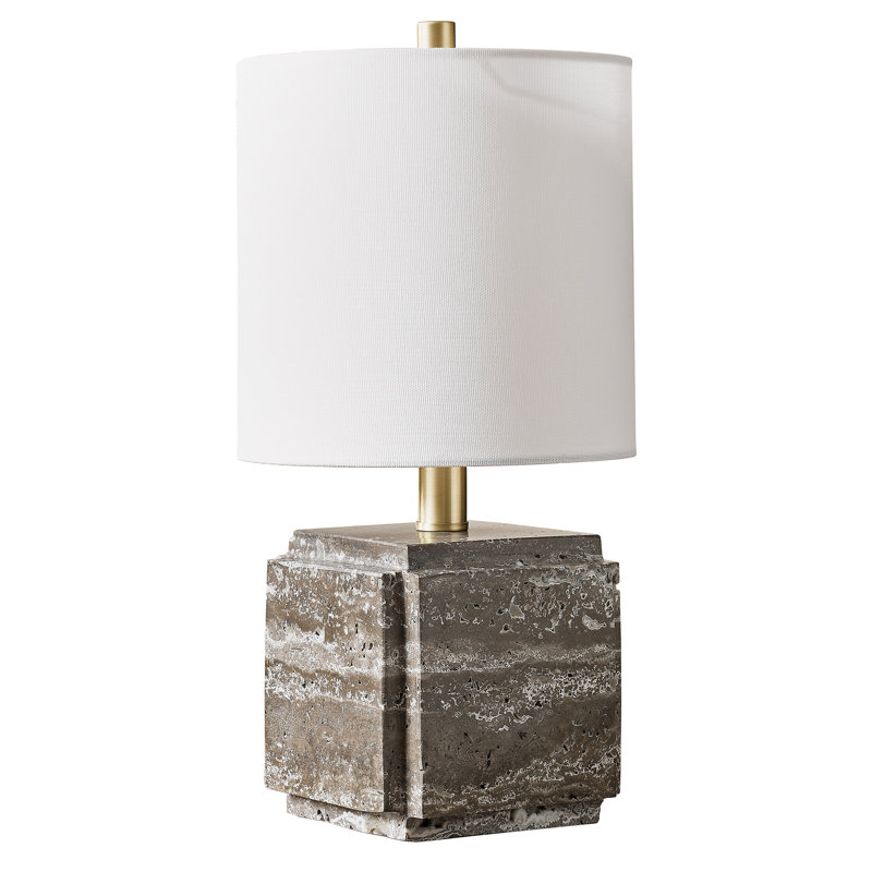 Kovac 16" Tall Stone Table Lamp with Fabric Shade in Grey Veined Travertine, Grey