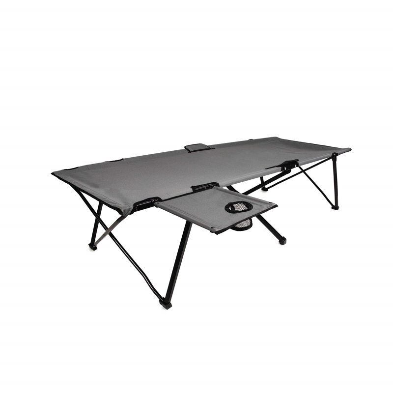 Gray Steel Camping Cot with Removable Side Table
