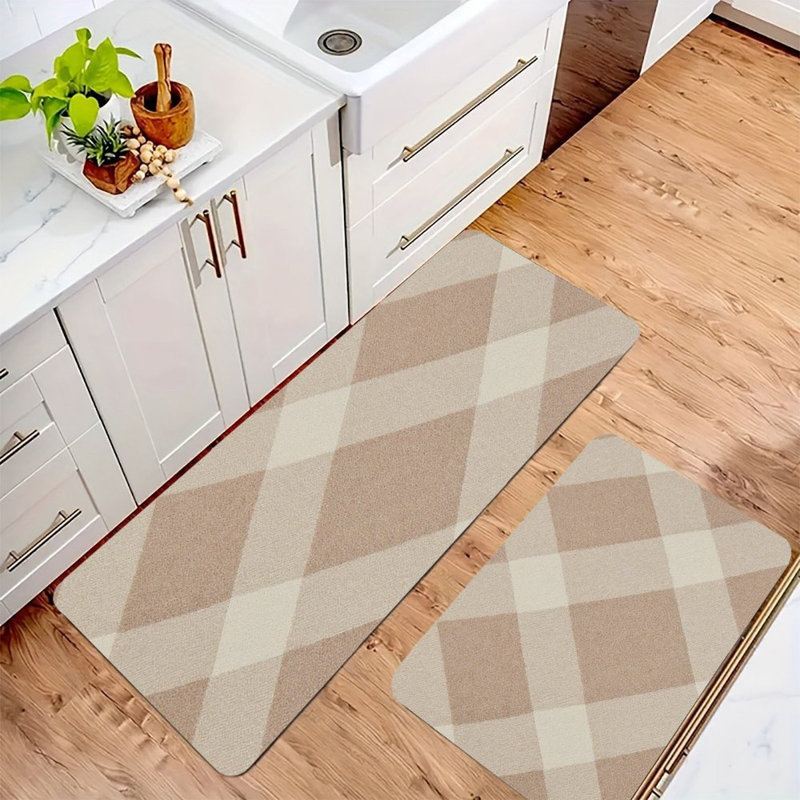 Neutral Beige Plaid 2-Piece Kitchen & Bedroom Mats, Beige Plaid