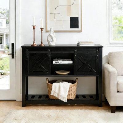 White Entryway Table with Storage Shelf, Sliding Barn Doors Console Table for Living Room Hallway
