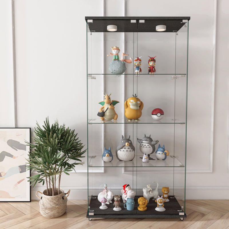 Accent Cabinet, Modern Glass Display Cabinet With Led Lights, 2-Door Tempered Glass Bookshelf With 4-Shelf, Transparent/Black
