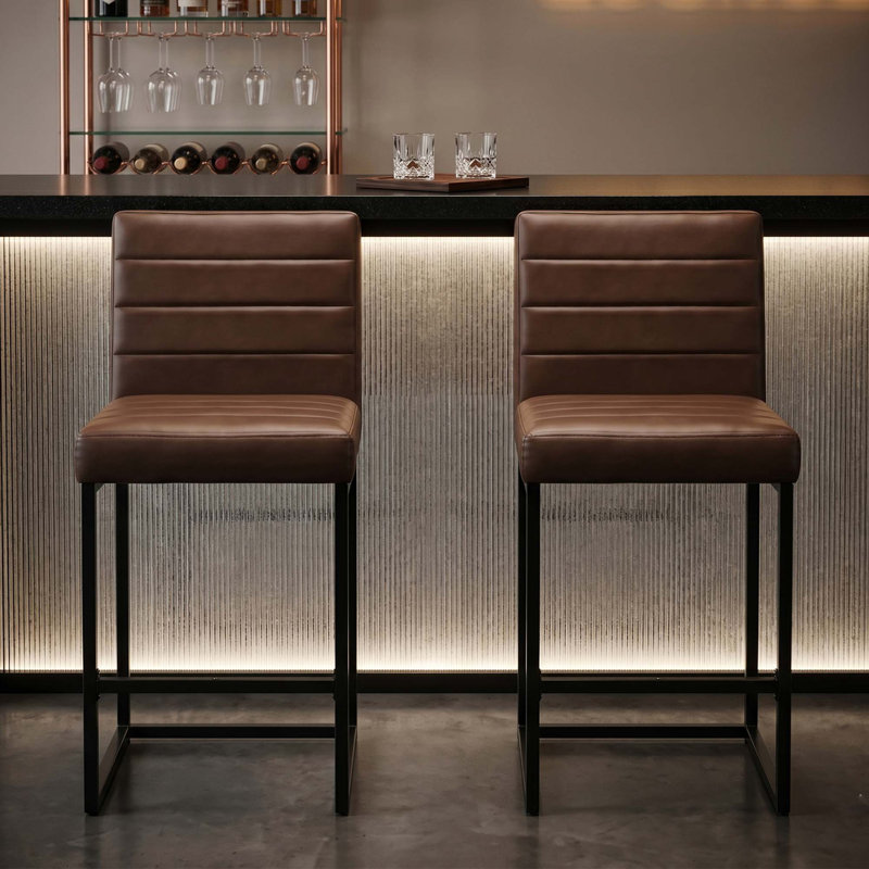 Ensemble de 2 tabourets de bar à hauteur de comptoir Modern avec coussin en polyuréthane et support pour le dos, Brun
