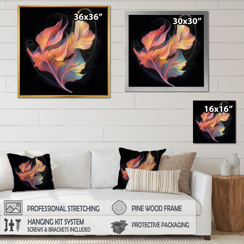 Iridiscent Leaf Minimal Botanical on Black - reproduction sur toile, H 24 po x l 24 po x P 1 po, Cadre flottant blanc