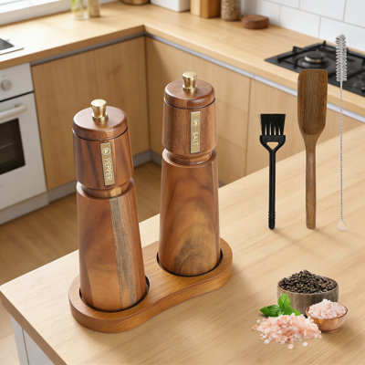 Manual Salt And Pepper Grinder Set With Adjustable Ceramic Core, Includes Wooden Tray, Brush, And Spoon For Kitchen And Dining