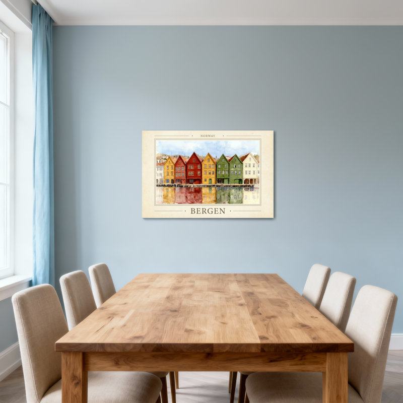 Paysages pittoresques et urbains, reflet de l'eau, Norvège, Bergen, H 32 po x l 48 po