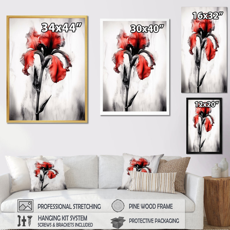 «Red Black Iris Petal I» sur toile, H 44 po x l 34 po x P 1,5 po, Cadre photo argenté