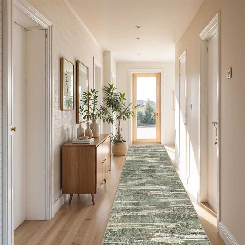 Wide Kitchen Rugs Washable - Modern Abstract Hallway Rug Ultra Soft Non Slip Carpet for Bedroom Kitchen Laundry Low Pile Home Decor Indoor Floor Mat for Entryway Bathroom Green