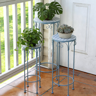 Ensemble de 3 supports à plantes gigognes, support de pot de fleurs en métal de 28 pouces de hauteur avec dessus ronds en céramique pour l'intérieur et l'extérieur, support pour plantes et fleurs pour porche, patio, salon et décoration de jardin