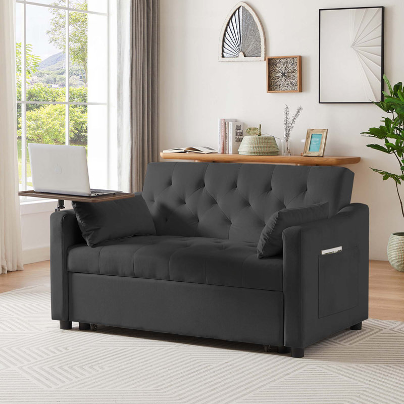 Latitude Run 3 in 1 Convertible Sofa Bed, 53" Vincy Sleeper Loveseat with Side Table, Pull Out Couch with 2 Pockets and 2 Pillows for Living Room Apartment Office
