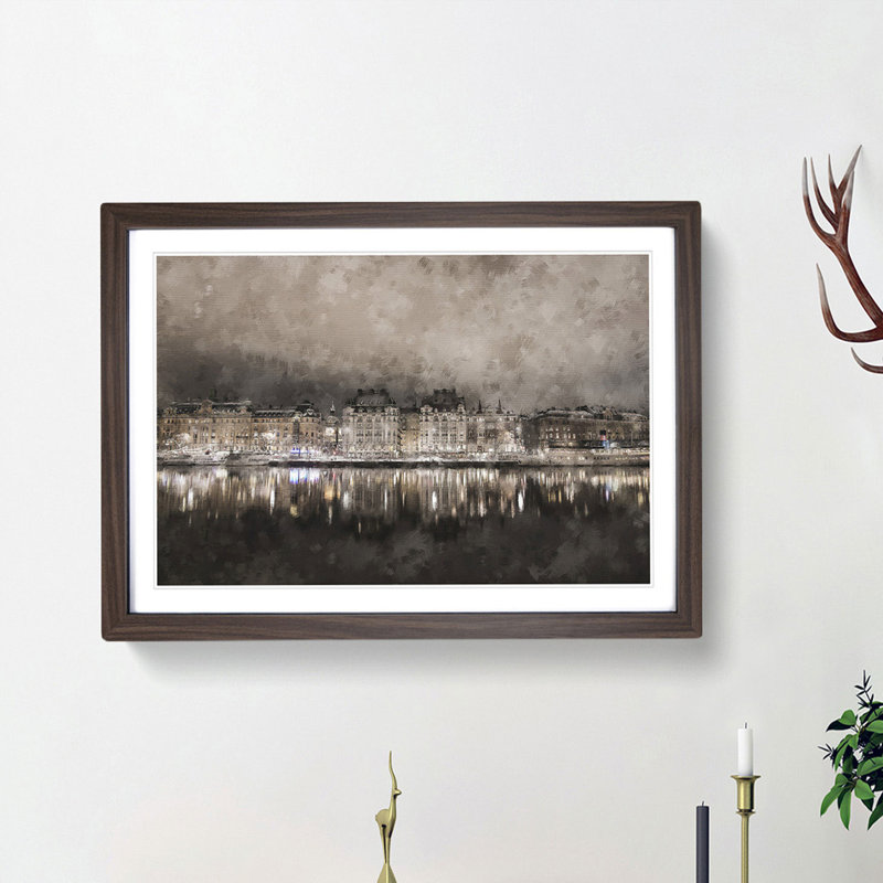 Reflection of Stockholm in Sweden - Picture Frame Painting Print, 45cm H x 63cm W x 2cm D, Walnut Framed