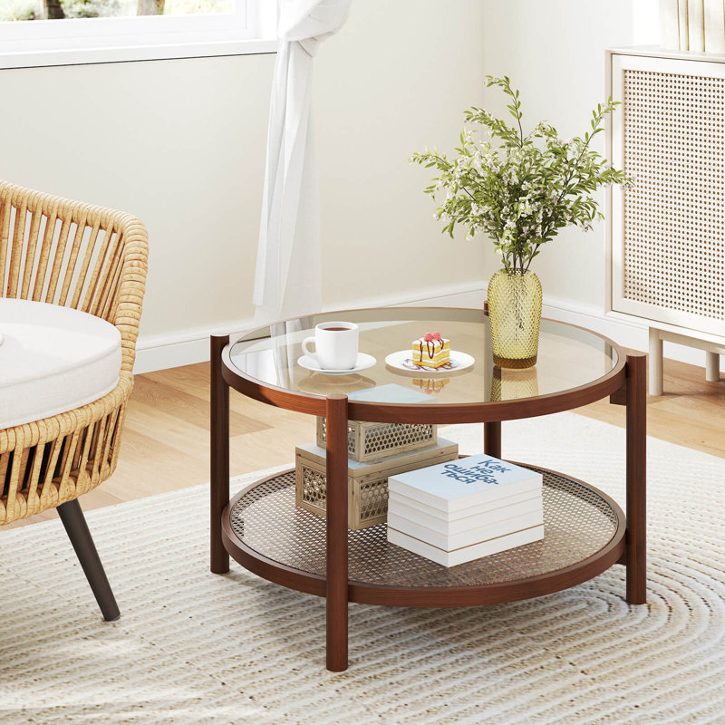 Table basse ronde en bois avec plateau en verre trempé fait à la main 31 po
