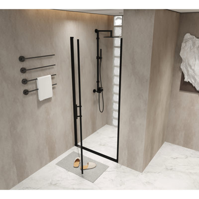 28x72 Inch Shower Door With Pivot Function, Matte Black Aluminum Half Frame, 1/4" Tempered Glass, Film, Practical Water - Blocking, Space Saving Swing For Bathroom Enhancement 6mm Transparent Proof