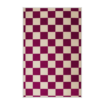 Machine Washable Checkered Beige Area Rug