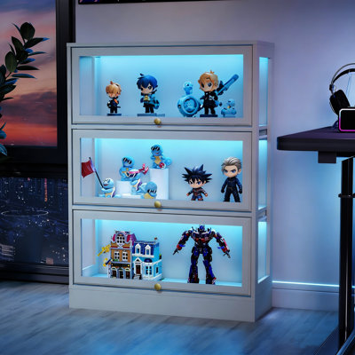 Display Cabinet With Acrylic Glass Doors,3-Tiers Curio Cabinet With LED Lighting For Collectibles, Collectibles Toy Organizers Rack & Display Shelf Display Case Storage Cabinet