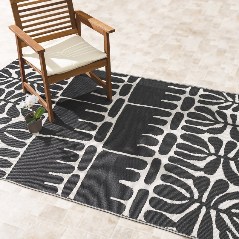 Outdoor Rug Plastic Straw Rug Waterproof Patio Johppah Black & White, Rectangle 6' x 9'