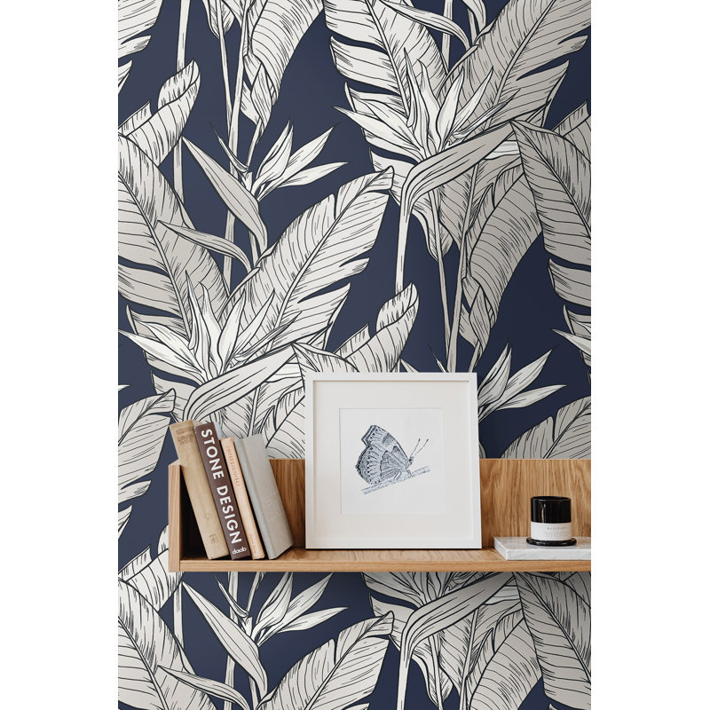 The Sojourn Floral Vinyl Peel & Stick Metallic Wallpaper Roll, Navy Blue/Metallic Pewter
