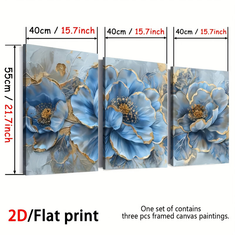 Pivoine dorée bleu glacier, impression sur toile 3 pièces pour une ambiance texturée de salon, 30 * 20 pouces 3 pièces