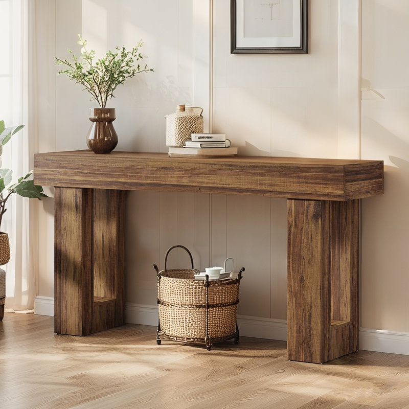 63-Inch Rustic Brown Wooden Console Table with Storage