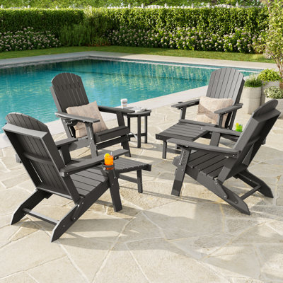 Folding Adirondack Chair with Retractable Ottoman & Cup Holder, 3-Position Adjustable for Patio, All-Weather Outdoor Seating