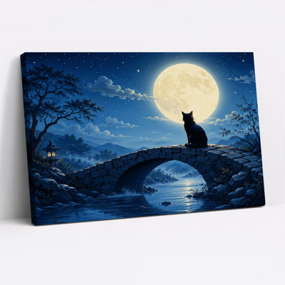 Art mural sur toile, "Chat noir assis sur un pont de pierre sous la pleine lune"
