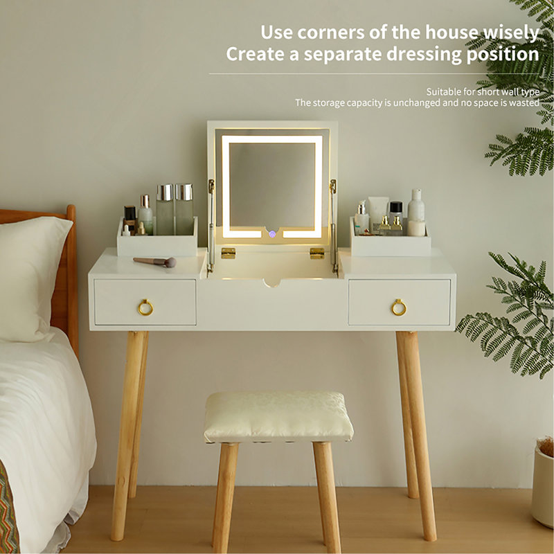 Ensemble de bureau de meuble-lavabo avec prise de courant miroir éclairé, coiffeuse de maquillage avec tiroirs, pour chambre à coucher, salle de bain