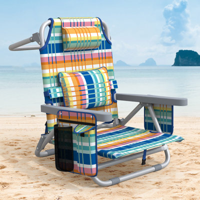 Chaise de plage à dossier inclinable, chaises de plage pliantes portatives avec 5 positions réglables, glacière intégrée et sangles de sac à dos